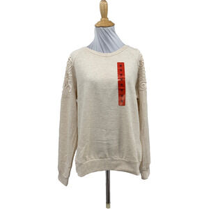 Gloria Vanderbilt Sweater Womens M Medium Oatmeal Crochet Shoulder Pullover Crew